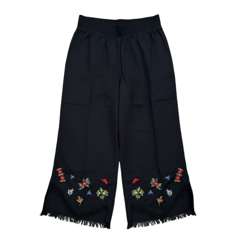 April Cornell NWT Nantucket Linen Wide Leg Pants Floral Embroidered Fringe XL